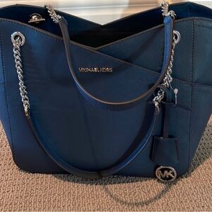 Michael Kors Navy Blue Tote with Silver Accents